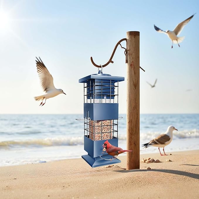 Bird Feeder 3LBS Metal Anti-Squirrel Wild Birdseed Feeder for Finch Cardinal Blue Jay Outdoors Hanging (Blue)-VerdiqueGarden