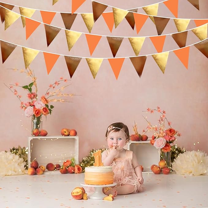 Fall Party Decorations Orange Gold Brown Metallic Fabric Triangle Pennant Banner Flag Bunting Garland for Autumn Fall Thanksgiving Wedding Birthday Bridal Shower Engagement Graduation Party Supplies-VerdiqueGarden