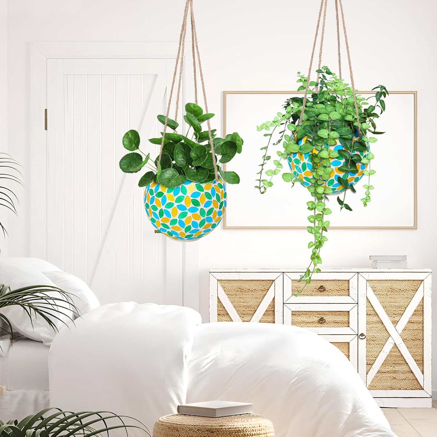 Hanging Planter Mosaic Garden Pot Small Flower Pot for Indoor Plant Disco Ball Hanging Planter with Drainage Green Yellow-VerdiqueGarden