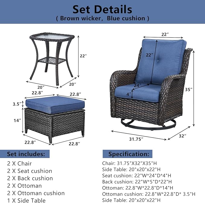 5 Pieces Patio Furniture Sets Wicker Outdoor Furniture, Rattan Patio Swivel Glider Chairs with 2 Ottoman and Glass Side Table-VerdiqueGarden