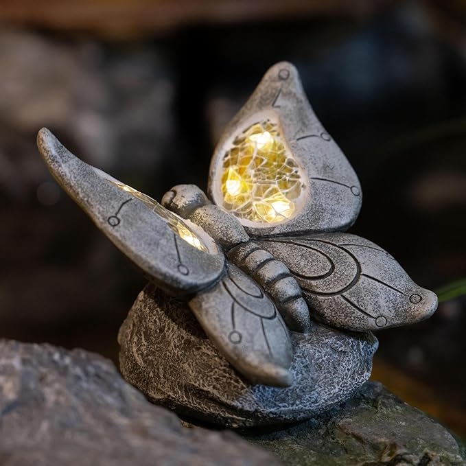 Garden Statue Butterfly,Solar Butterfly Decor for Outdoor,Resin Butterflies Figurine with Solar Light for Patio,Balcony,Yard,Lawn Ornament,Perfect Garden Gift-VerdiqueGarden