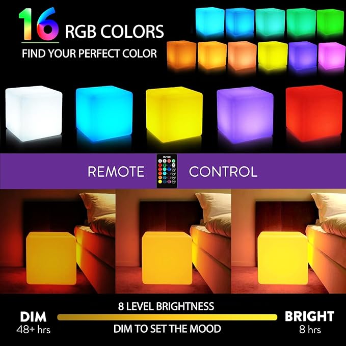Mr.Go 16-inch Rechargeable LED Cube Chair Light, 16 RGB Colors Glow Cube Seat w/Remote, Waterproof LED Cube Table, Color Changing Cube Floor Lamp, Home Bedroom Patio Party Decorative Lighting-VerdiqueGarden