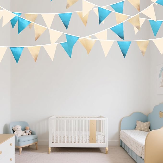 Champagne Gold Sky Blue Beige Decorations Metallic Fabric Triangle Pennant Banner Bunting Flag Garland for Birthday Baby Shower Engagement Wedding Graduation Bridal Shower Party Decorations Supplies-VerdiqueGarden