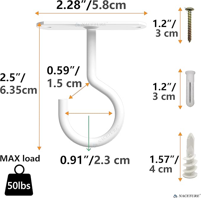 NACETURE Ceiling Hooks Heavy Duty 2 Pack - Plant Hooks for Ceiling Hanging Hook for Hanging Basket Hook, Light, Bird Feeders, Wind Chimes Décor Indoor & Outdoor (2.5" White 2 Pack)-VerdiqueGarden