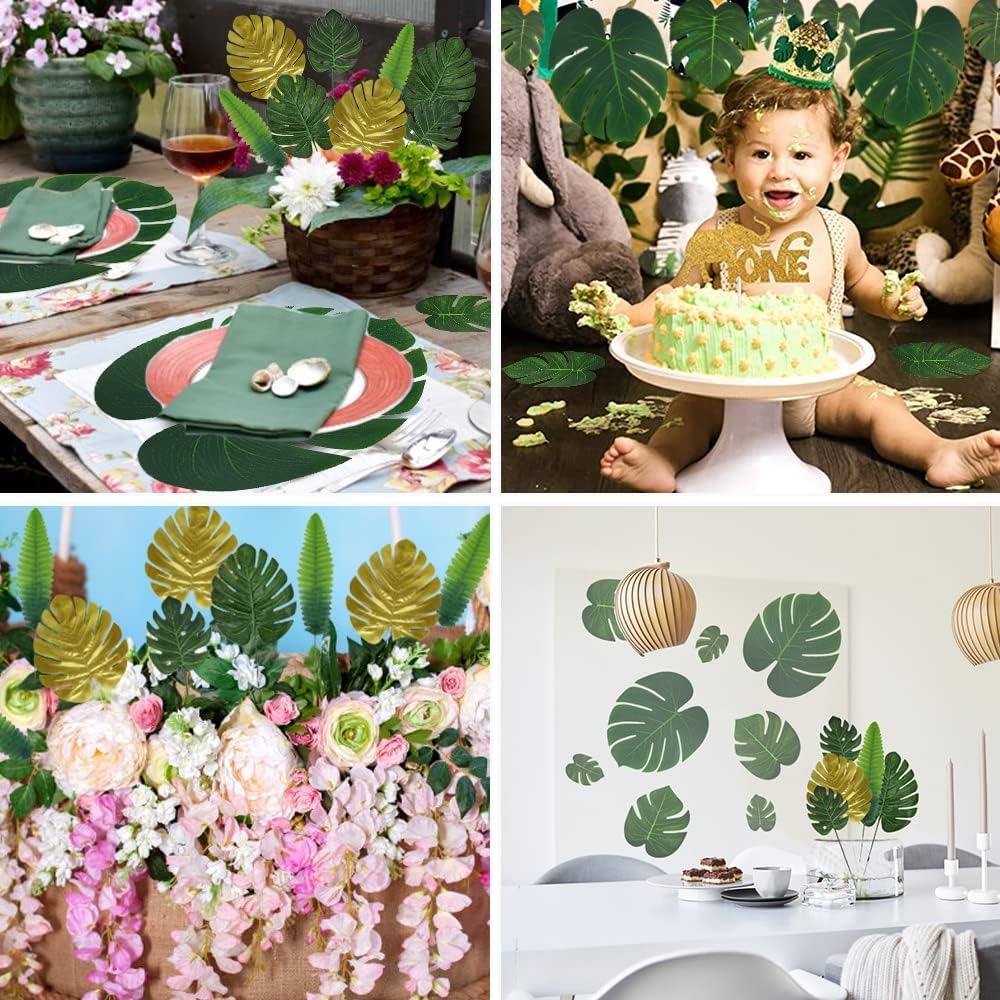RECUTMS Artificial Tropical Palm Leaves 72Pcs 7 Kinds Green Gold Fake Monstera Leaf with Stem for Safari Jungle Hawaiian Luau Beach Baby Shower Wedding Birthday Party Table Summer Spring Decoration-VerdiqueGarden