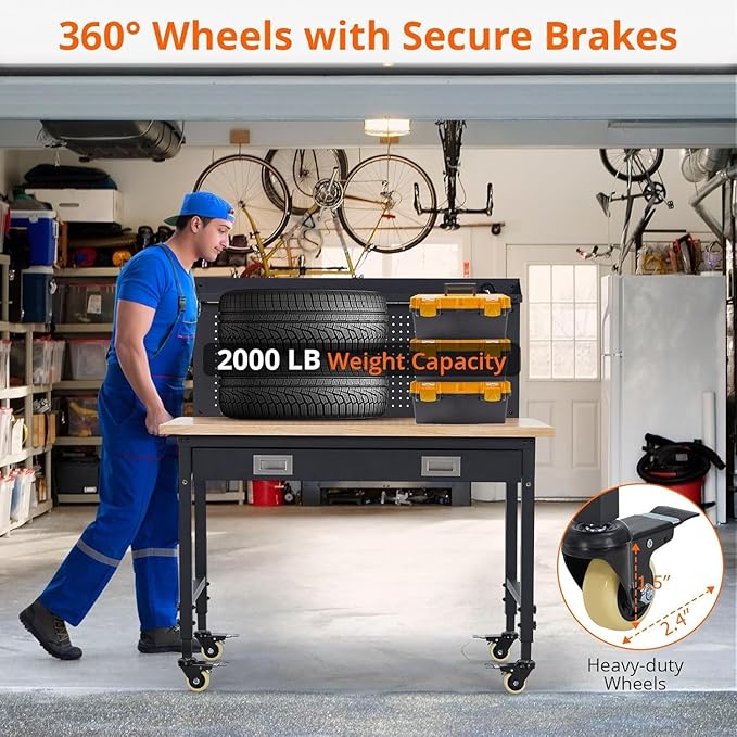 48'' Adjustable Workbench on Wheels, 2000LBS Heavy Duty Worktable with Power Outlets & Drawers & Pegboard, Rubberwood Workstation for Workshop, Garage, Office, Home-VerdiqueGarden