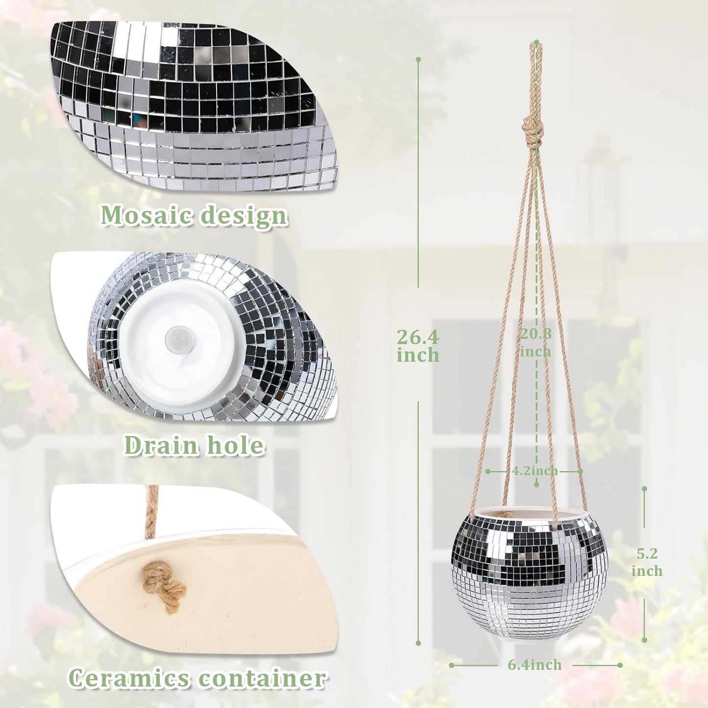 Hanging Planter Mosaic Garden Pot Small Flower Pot for Indoor Plant Disco Ball Hanging Planter with Drainage Sliver Check-VerdiqueGarden