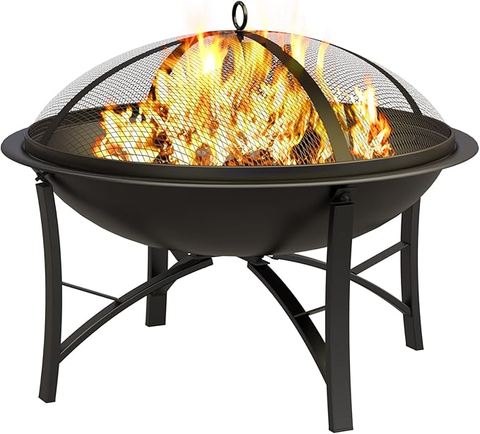 Fire Beauty Fire Pit for Outside Wood Burning,BBQ Grill Steel Fire Bowl with Spark Screen Cover,Log Grate,Poker for Camping Beach Bonfire Picnic Backyard Garden-VerdiqueGarden