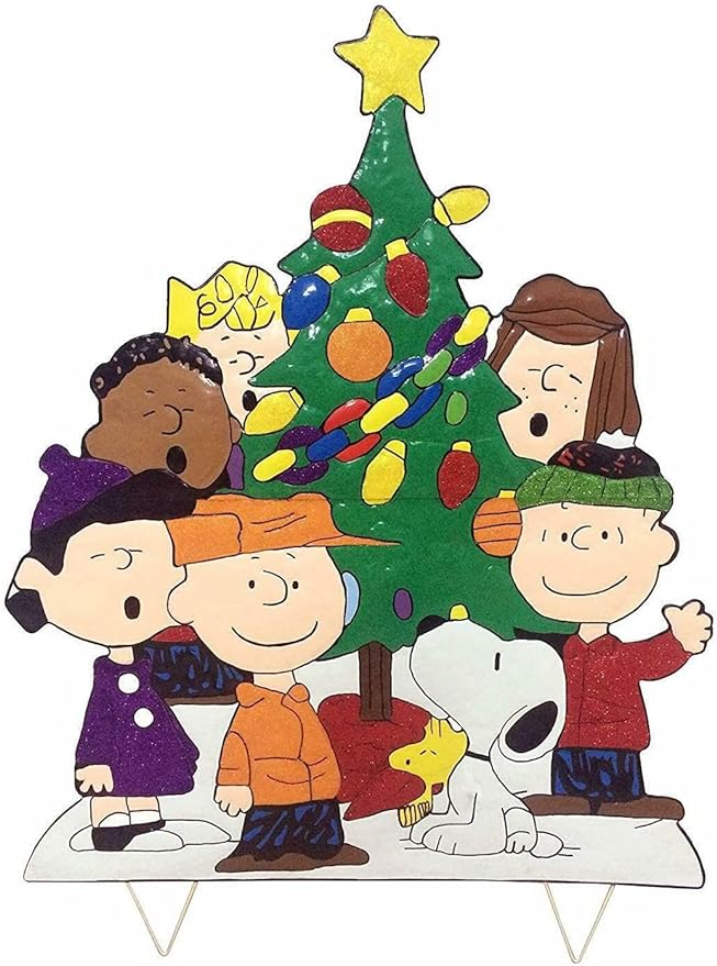 Peanuts Gang Around The Tree Christmas Yard Art Outdoor Christmas Decor Hammered Metal (32'' Peanuts Gang Around The Tree), Multi Color, 18'' wide x 32'' high-VerdiqueGarden
