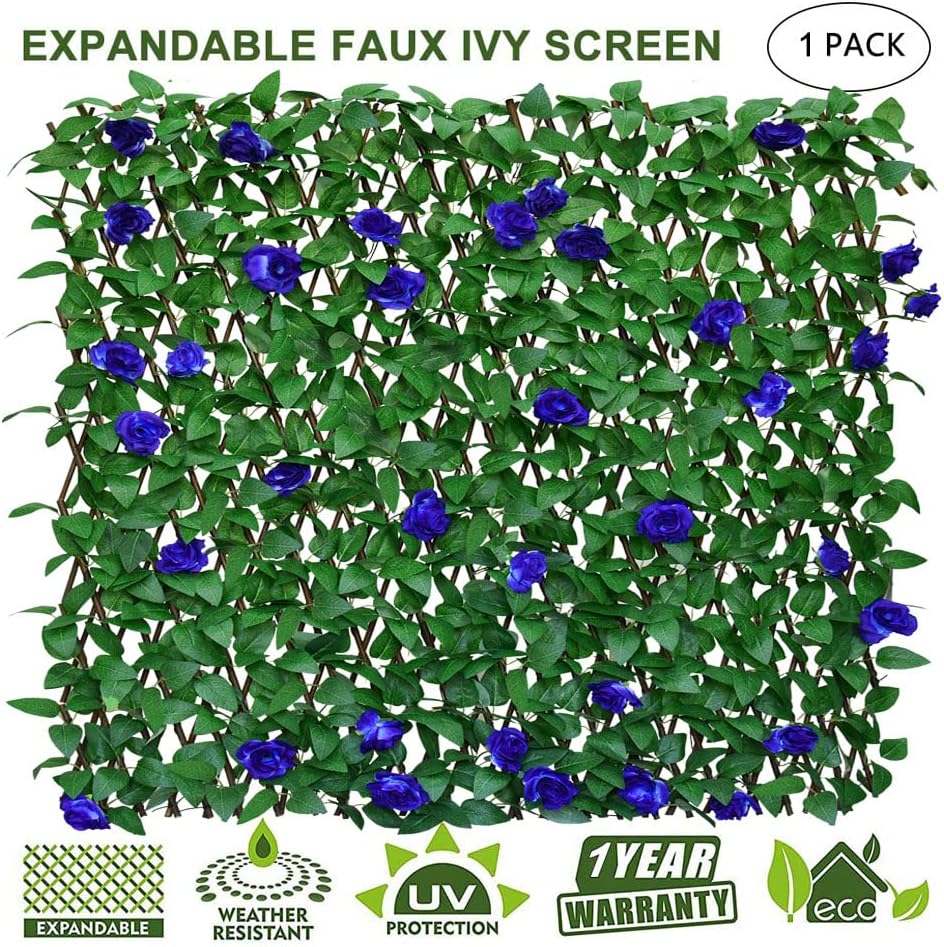 Expandable Fence Privacy Screen for Balcony Patio Outdoor,Decorative Faux Ivy Fencing Panel,Artificial Hedges (Single Sided Leaves) (1, Blue Flowers)-VerdiqueGarden
