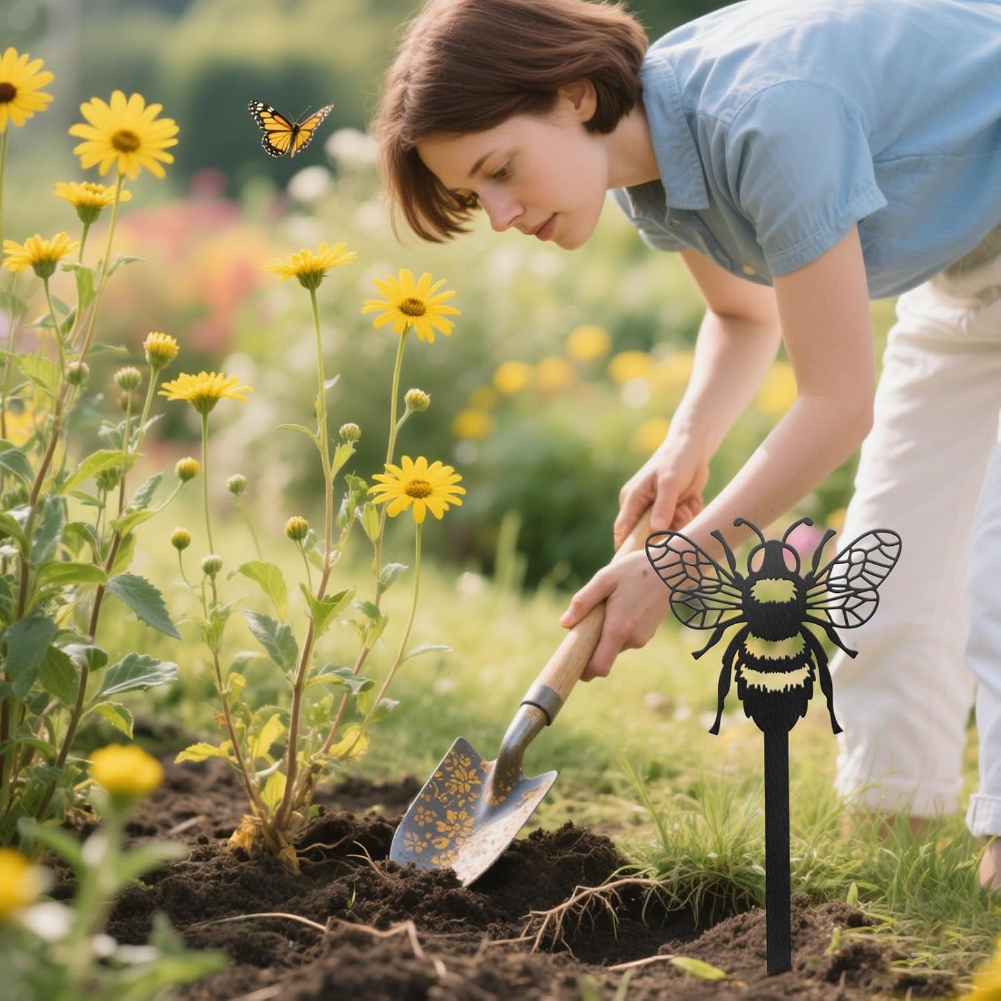 CUTHOLLOW Metal Plant Marker Stake Bee for Outdoor Indoor, Waterproof 11.8 inch Cute Garden Plant Labels Sign Tag for Vegetables, Farmhouse Greenhouse Decor - Funny Gardening Gifts-VerdiqueGarden