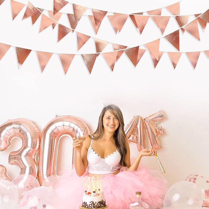 Rose Gold Party Decorations Metallic Fabric Triangle Pennant Banner Blush Pink Flag Bunting Garland for Wedding Birthday Anniversary Bridal Shower Engagement Graduation Hen Party Decorations Supplies-VerdiqueGarden