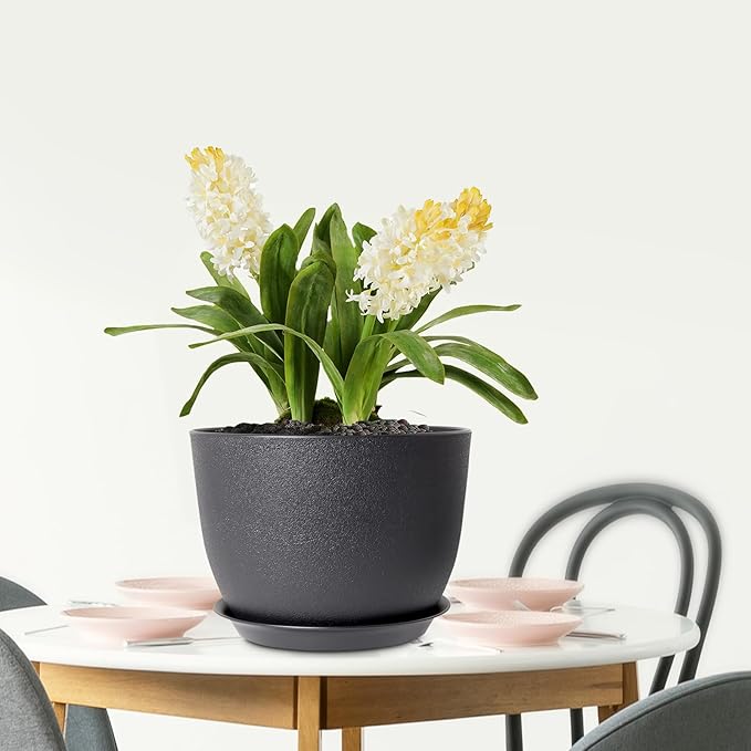 12 inch Large Plant Pots, Plastic Planters with Drainage Holes and Saucers, Flower Pots for Indoor Outdoor Plants, Modern Decorative Pots for Garden House Plants, Black-VerdiqueGarden