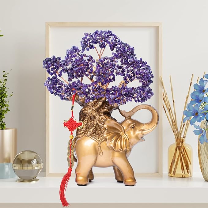 Amethyst Crystal Money Tree on Gold Elephant Statue, 17”Large Gemstone Bonsai Tree of Life Home Décor Gifts for Wealth Positive Energy, Feng Shui Décor-VerdiqueGarden