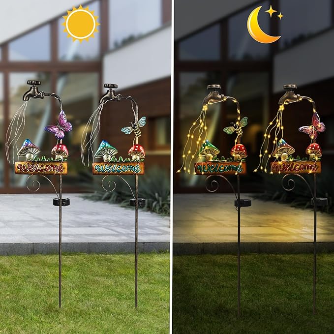 2 Pack 'Welcome' Mushroom & Butterfly Solar Yard Lights - Outdoor Solar Lights for Yard Decorative, Garden Decor Lawn Ornaments, Unique Decorative Garden Stakes for Pathways-VerdiqueGarden