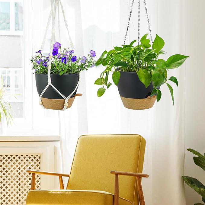 Self Watering Hanging Planters 10 inch, 2 Pack Hanging Flower Pots for Indoor Outdoor Plants, Hanging Baskets with Drainage Holes & 2 Kinds of Plant Hangers for Garden Home Decor, Black Brown-VerdiqueGarden
