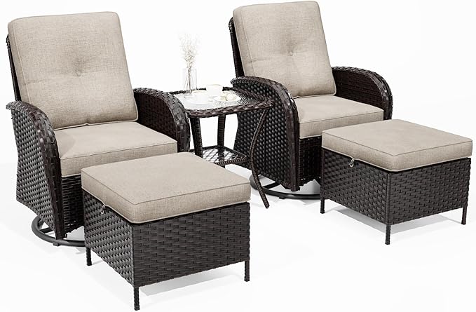 Joyside 5 Piece Patio Furniture Set, Outdoor Swivel Chair Sets with Thick Cushion and Ottoman, Wicker Patio Conversation Set for Porch, Deck Use (Brown/Beige, 5 PCS)-VerdiqueGarden