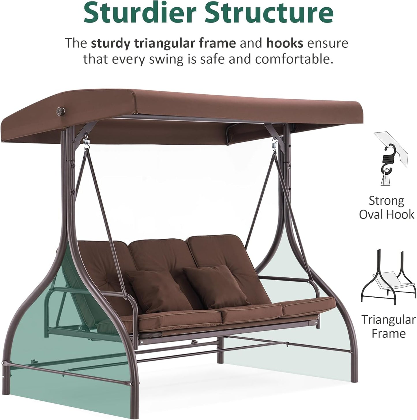 MCombo 3-Seat Outdoor Patio Swing Chair, 2-in-1 Convertible Porch Swing Glider Chair with Removable Cushions, Adjustable Canopy & Pillows for Backyard, Deck, Garden, 4068 (Brown)-VerdiqueGarden