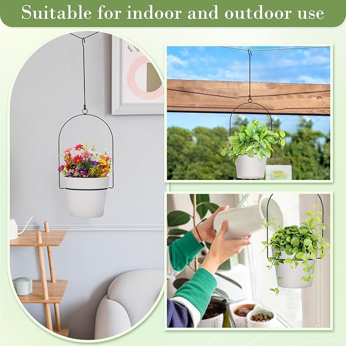 Hushee 6 Packs Metal Hanging Planters for Outdoor Indoor Plants Plant Hanger with 6.3'' Plastic Pots Hanging Planter Basket for Garden Home Porch Decor (White)-VerdiqueGarden