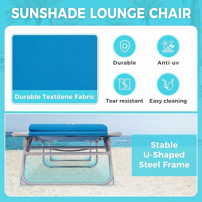 #WEJOY Folding Lounge Chair with Canopy Shade, Portable Adjustable 5-Position Patio Chaise Lounger with Pillow & Storage Pocket for Lay Flat Outdoor Lawn Backyard Beach Camping Pool Tanning (Blue)-VerdiqueGarden