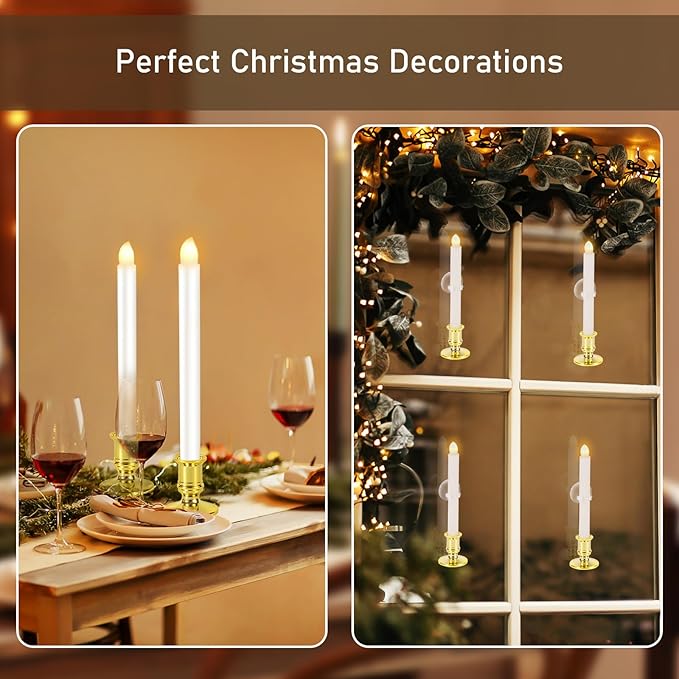 2 Pack Christmas Window Candles with Remote Timer, Flickering Flameless Candles with Candle Holders Suction Cups for Christmas Party Decorations, Gold-VerdiqueGarden