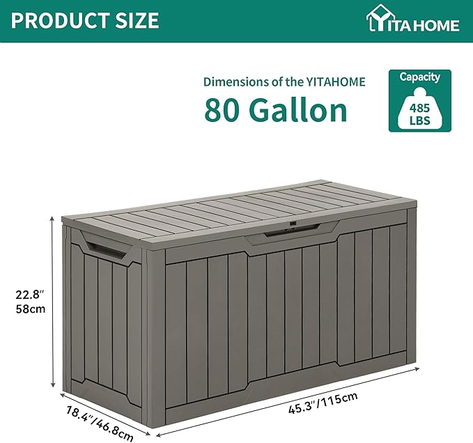 YITAHOME 80 Gallon Outdoor Storage Box, Large Water Resistant Resin Deck Box, Indoor Outdoor Lockable Storage Container for Patio, Garden, Cushions, Tools, Equipment (Taupe)-VerdiqueGarden