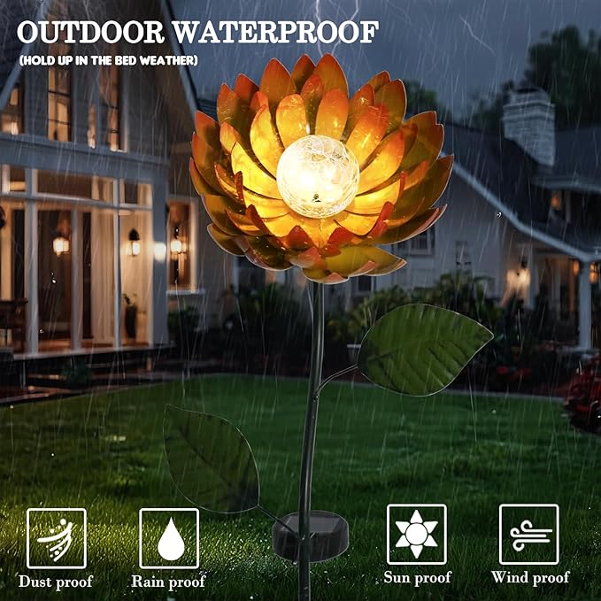 VCUTEKA Solar Garden Lights Metal Flower Decor Colorful Yellow Flowers Solar Pathway Light with LED Cracked Crystal Ball Outdoor Decorative Stake for Patio Yard Lawn-VerdiqueGarden