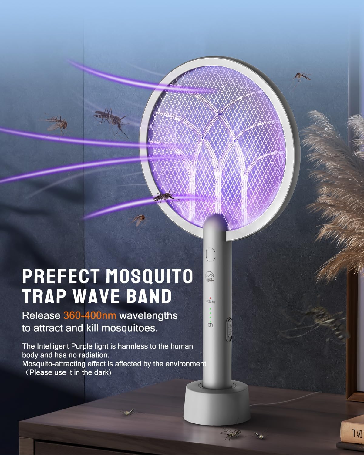 Electric Fly Swatter Racket, Mosiller 2 in 1 Bug Zapper with Type-C Rechargeable Base, 4000V Mosquito Killer with 3-Layer Safety Mesh for Pest Insect Control for Indoor、Office、Camping(Grey-1 Pack)-VerdiqueGarden