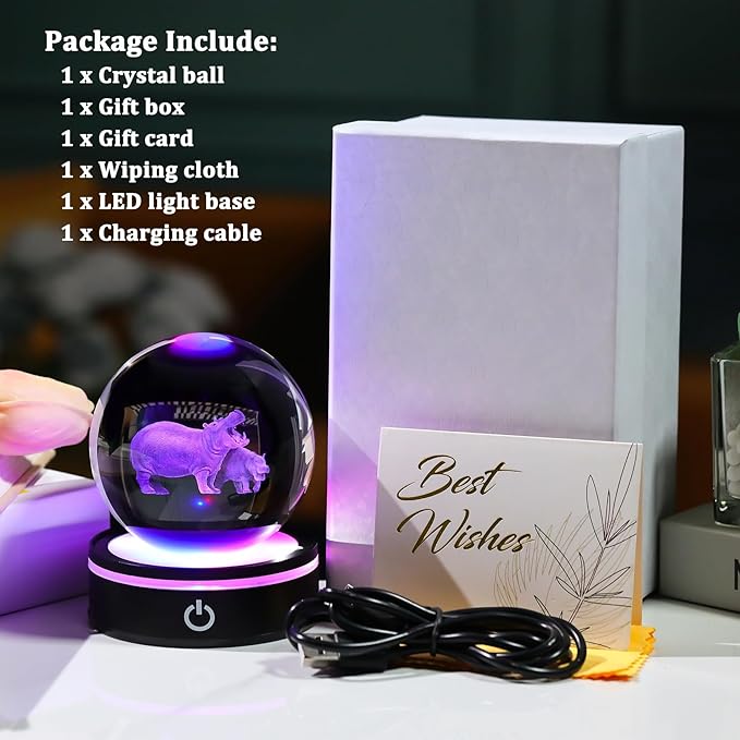 YWHL 3D Hippo Crystal Ball Figurine with LED Base Laser Hippopotamus Gifts for Women Men on Christmas Birthday Decorative Hippo Ball Glass Hippopotamus Globe Night Light for Home Decor (80mm)-VerdiqueGarden