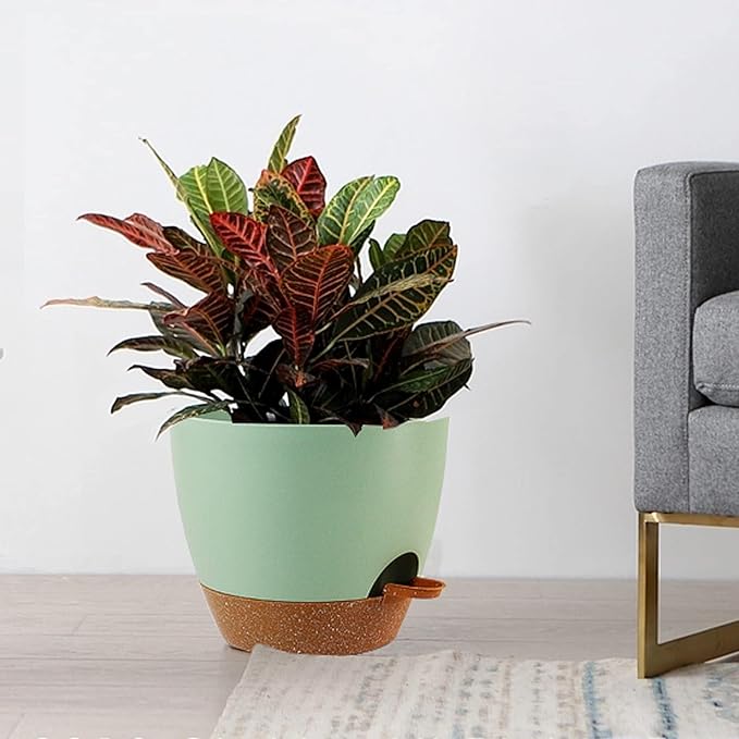 10/9/8 inch Self Watering Pots, Set of 3 Plastic Planters with Mesh Drainage Holes and Deep Reservoir for Indoor Outdoor Garden Plants and Flowers, Green with Brown-VerdiqueGarden