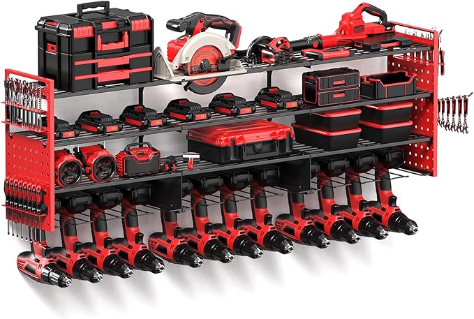 Power Tool Organizer Wall Mount with 12 Drills Holder, 49" Heavy Duty 4-Tier Power Tool Storage Rack, DIY Pegboard Side Panels,4 Long Hooks, Garage Metal Tool Shelf for Battery,Drills-VerdiqueGarden
