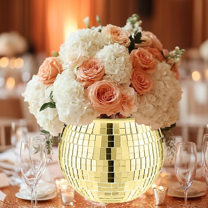 2 Pcs Disco Ball Vase,5 x 6 Inch Mirrored Disco Ball Planter,Disco Ball Candle Holders Perfect Disco Decorative Planters for Living Room Bedroom Table Wedding Party Birthday(Gold)-VerdiqueGarden