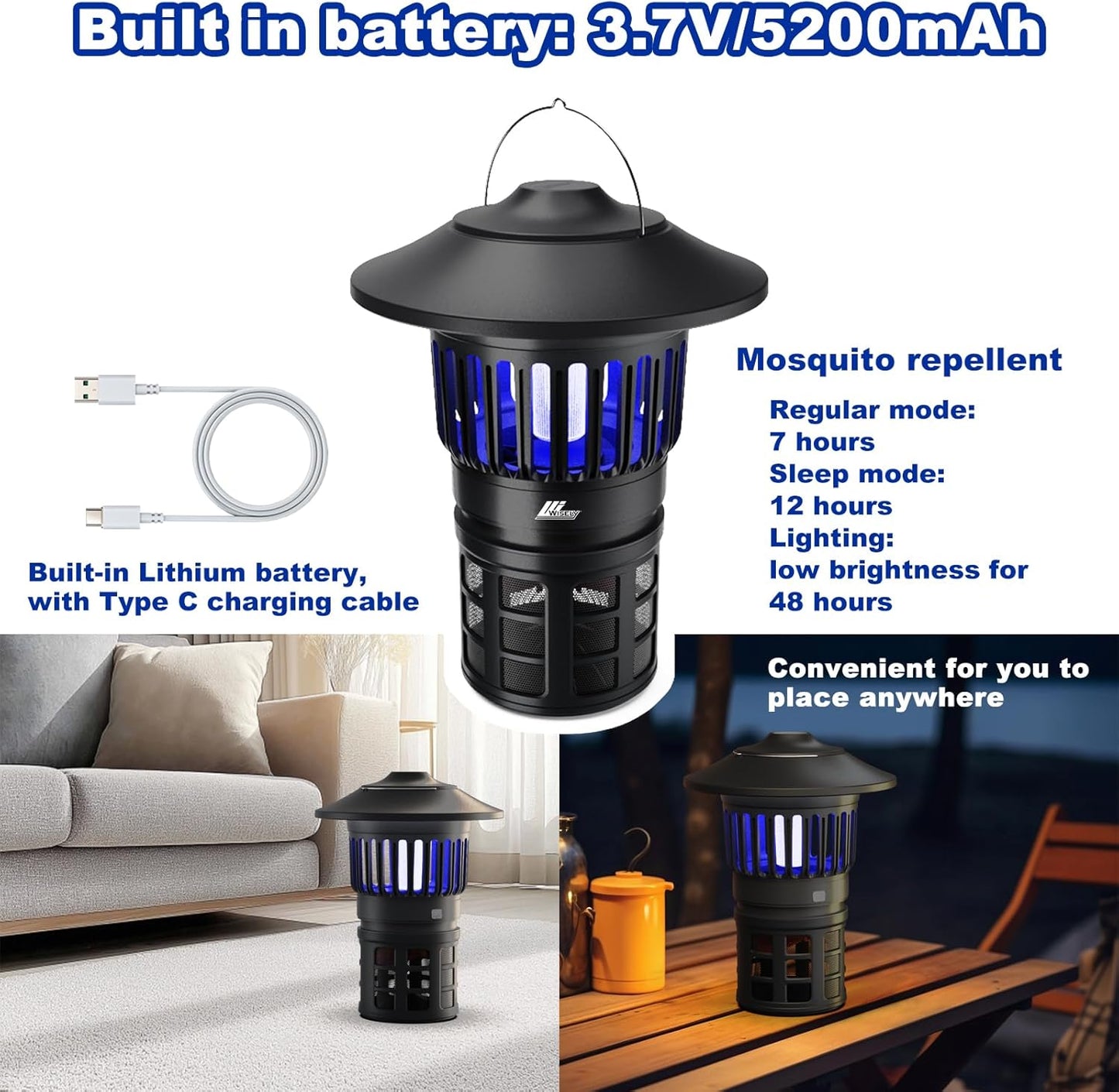 Wisely Fly Traps Outdoor - Rechargeable Cordless Flying Insect Trap IPX4 Waterproof with LED Light Adjustable - Catch Mosquitoes, Flies, Gnats, Wasps for Patio,Camping,Living Room,Home - Black-VerdiqueGarden