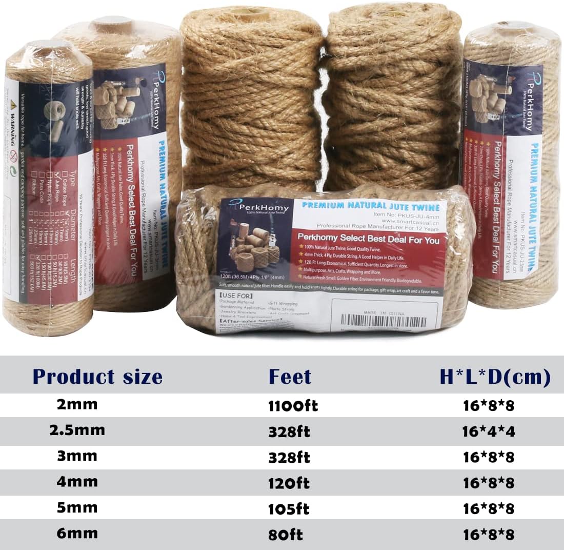 PerkHomy Jute Twine String 3mm 328Ft Natural Thin Ribbon for Craft, Gardening, Wedding Decoration & Packing (328FT * 3mm)-VerdiqueGarden