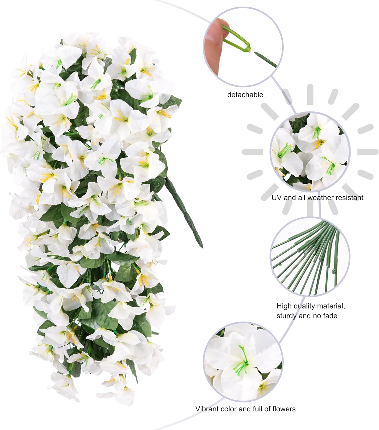 Bougainvillea Artificial Hanging Flowers Plants for Outdoors Decoration, 2pcs Fake Flowers Silk Bougainvillea Vines Realistic UV Resistant Faux Flowers for Outdoor Planters Patio Urn, White-VerdiqueGarden