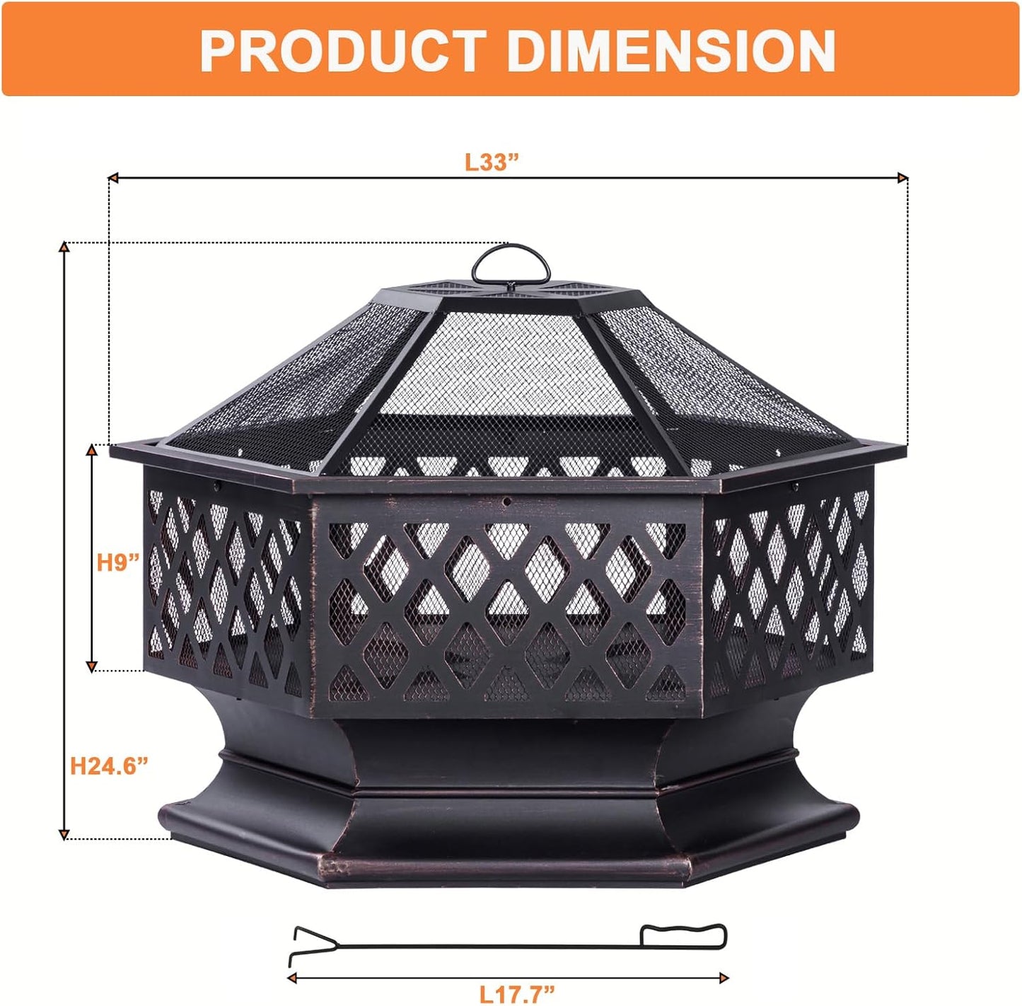 33 Inch Outdoor Fire Pit, Hexagon Shaped Wood Burning Firepit for Outside Bonfire, Patio, Backyard and Camping (Antique Bronze)-VerdiqueGarden