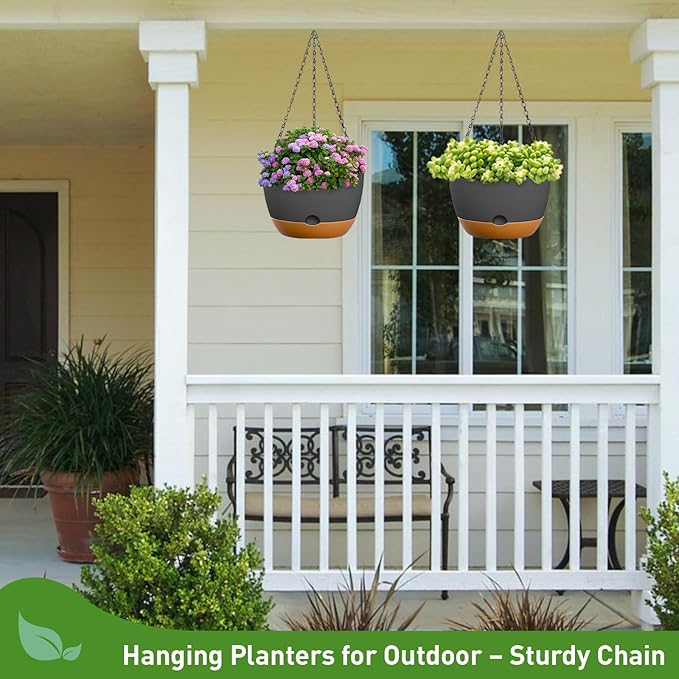 10 Inch Hanging Planters for Indoor & Outdoor Plants (2 Pack) - Self-Watering & Drainage Flower Pots with 2 Kinds of Plant Hangers for Home Decor & Garden (Deep Gray, 10 in)-VerdiqueGarden