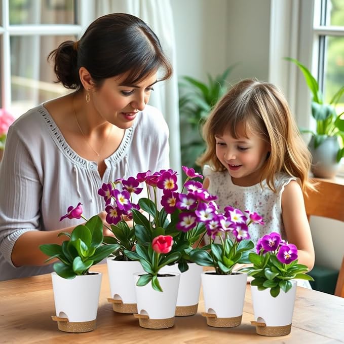 12 Pack 4 Inch Self Watering Plant Pots with Drainage and Saucers,Plastic Flower Pots for Indoor and Outdoor Plants, Nursery Planters for Houseplants and Herbs White Brown, 4 inch 12pcs-VerdiqueGarden