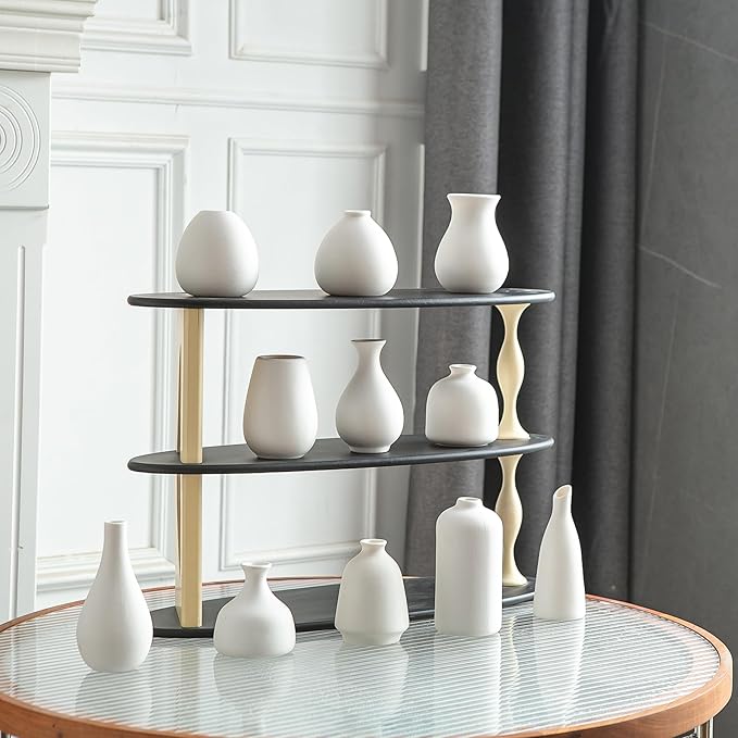 JOJUNO White Bud Vases, Small Ceramic Vase Set of 11, Mini Pottery Vases for Flowers, Decorative Pieces for Home Modern Decor, Boho Decor, Chic Accents for Living Room Dining Table Shelves-VerdiqueGarden