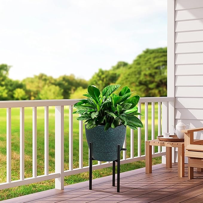 12 inch Large Self Watering Pots, Plastic Planters with 60oZ Removable Deep Reservoir and Multi Mesh Drainage Holes for Indoor Outdoor Garden Plants and Flowers, Black with Green Speckles-VerdiqueGarden