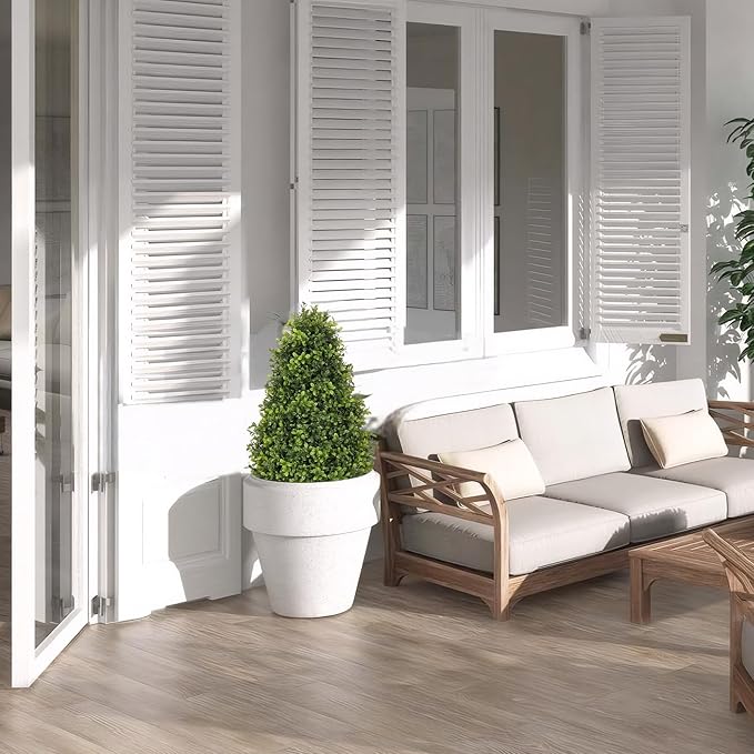 30" Artificial Boxwood Faux Plants Outdoor, UV Resistant Topiary Trees Realistic Cone-Shaped Fake Bushes and Shrubs Potted Fakeplants Set of 2 for Front Porch Patio Outside Planter Decor-VerdiqueGarden