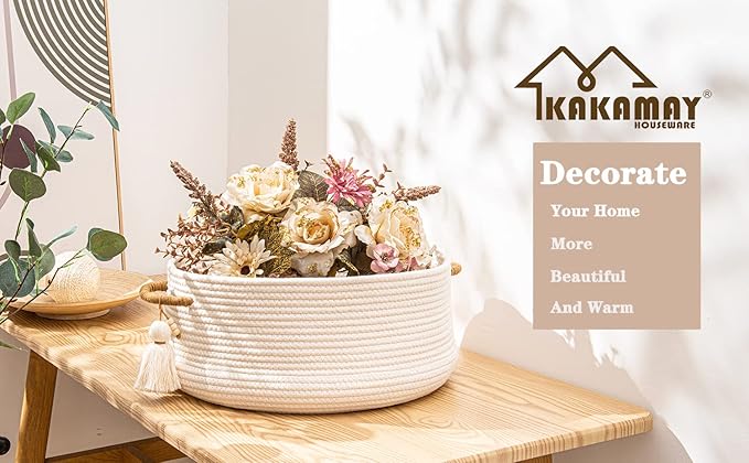 KAKAMAY Woven Baskets for Storage(16"x8"),Blanket Basket for Organizing Living Room,Cotton Rope Basket Woven Baby Laundry Hamper,Collapsible Laundry Room Organization,Clothes,Toy Chest(White)-VerdiqueGarden