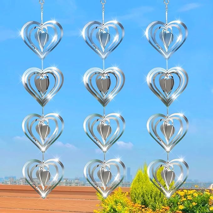 12 Metal Heart Bird Scarer Discs Set, Wind Spinners 3D Helix Reflector Stainless Steel Sparkly Outdoor Garden Decor, Scare Birds & Animals Away from Garden Yard Patio Lawn Farm Wind Sculpture Gifts-VerdiqueGarden