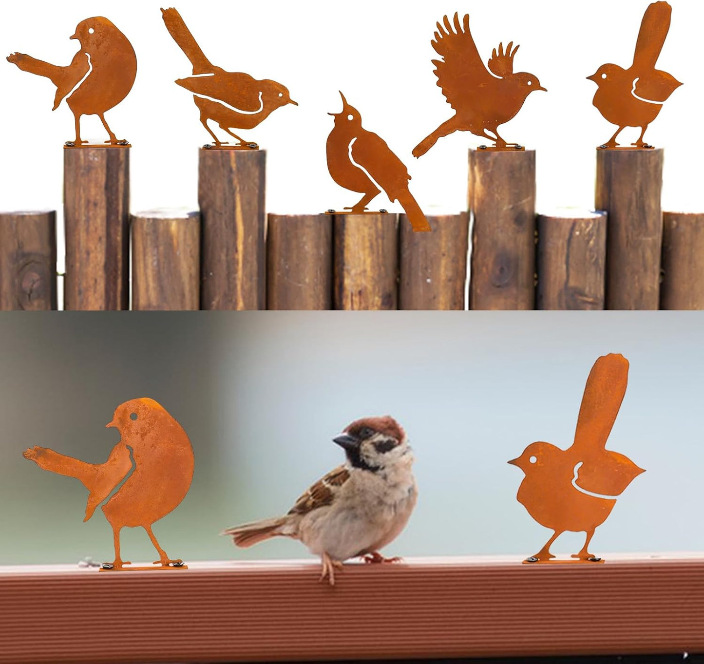 Nbippiooiwip Five-Piece Rustic Outdoor Bird Garden Sculpture Set, Metal Wall Art Bird Ornaments Ideal for Garden Stakes, Fields, Parks, Hotels, and Bird Enthusiasts Rustic Style-VerdiqueGarden