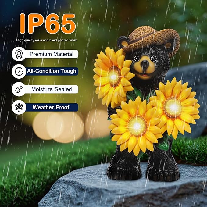 Bear Statue with Sunflowers LED Light 7.2" Solar Lamp Outdoor Garden Patio Yard Porch Lawn Decor Waterproof Resin Black Bear Figurine Unique Garden Gifts for Women Mom Grandma Sister-VerdiqueGarden