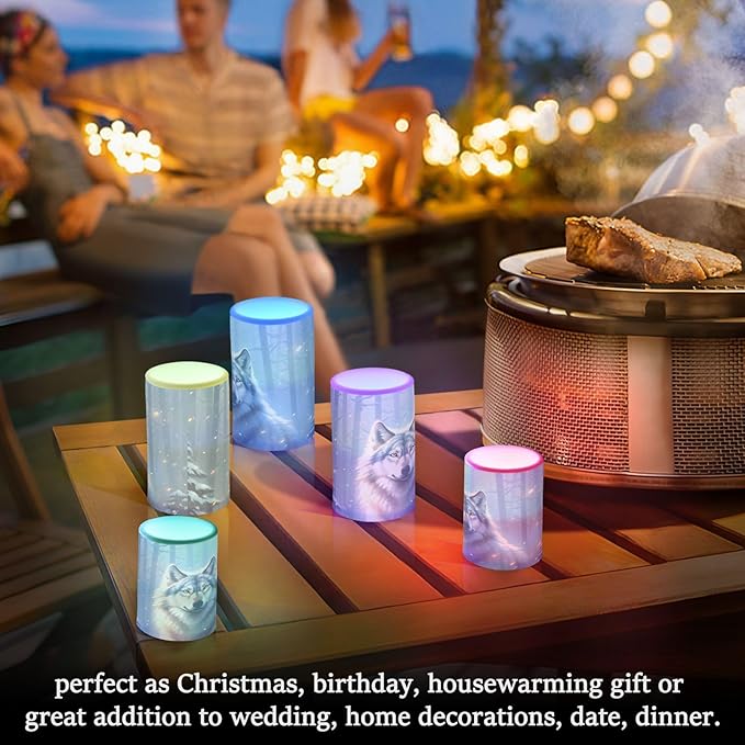 Flickering Flameless Candles, Wolf Winter Forest LED Candles with Remote Timer, Set of 2 Battery Operated Candle for Valentine Wedding Birthday-VerdiqueGarden
