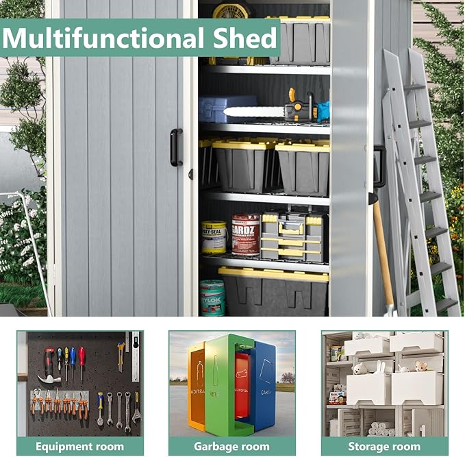 Aoxun Outdoor Storage Shed 5 x 3FT, Resin Shed with Floor and Lockable Door, Plastic Sheds for Garbage Can, Tool, Accessories, Lawn, Garden - Grey-VerdiqueGarden