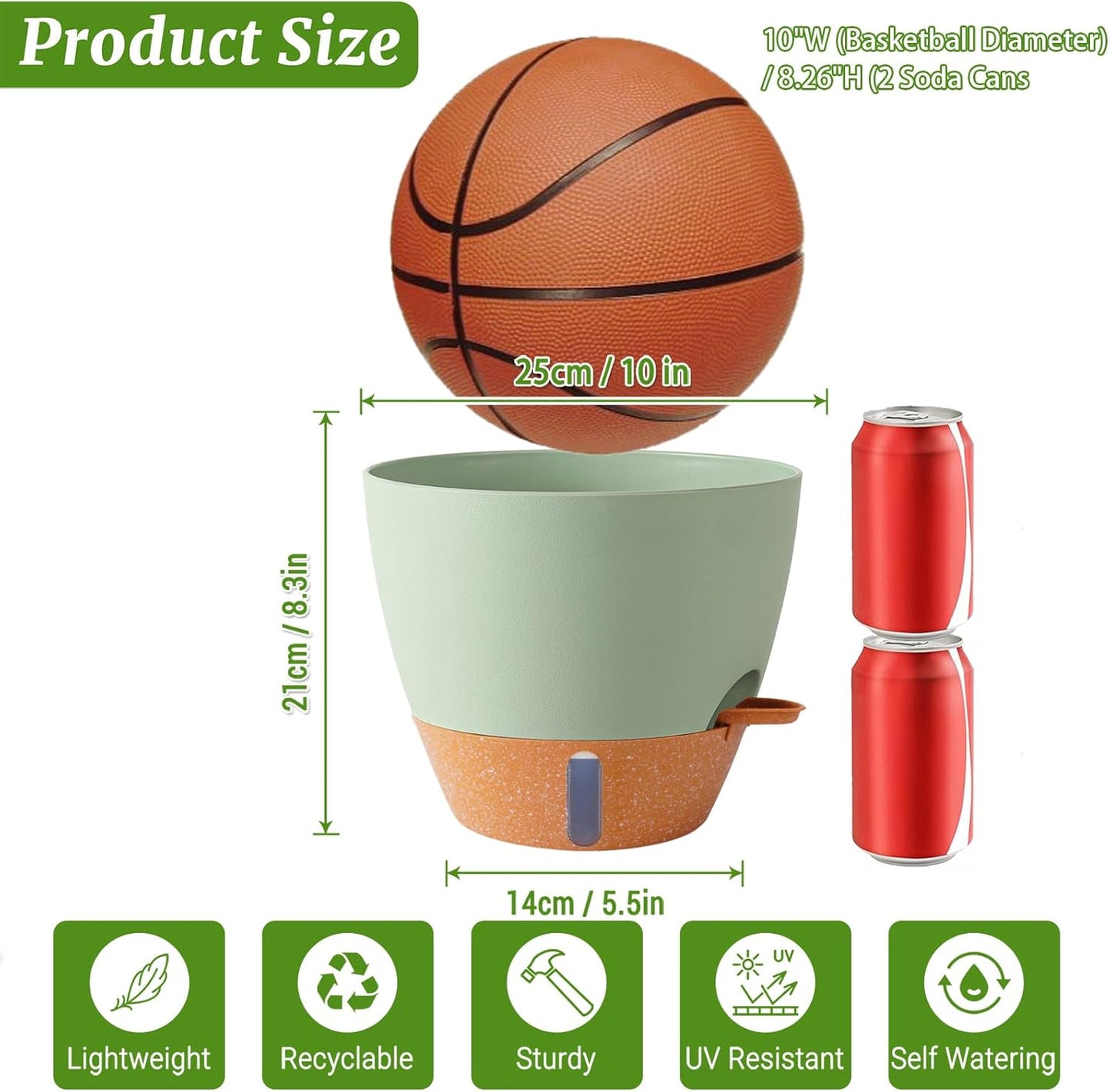 2 Pack 10 inch Plant Pots, Plastic Self Watering Planters with Drainage Holes, Deep Reservoir, Water Level Indicator, Modern Decorative Flower Pots for Indoor Outdoor Plants (Green, 10 inch)-VerdiqueGarden