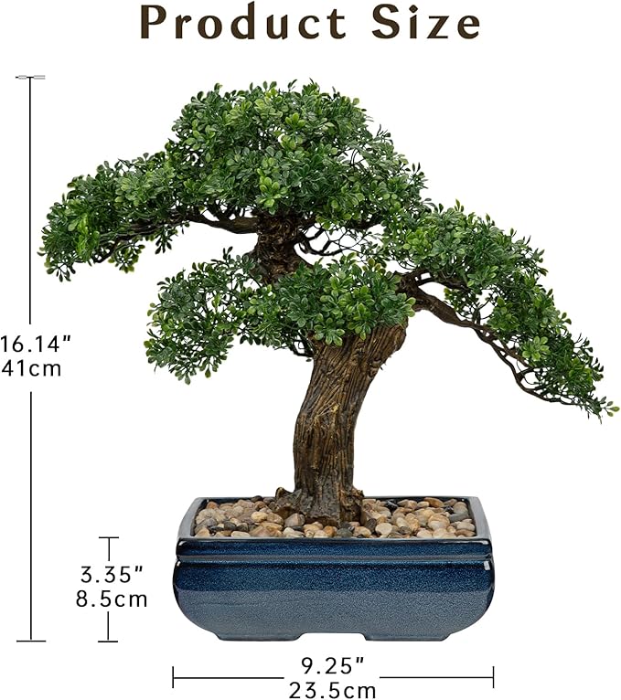 Artificial Bonsai Tree Juniper Faux Plants Indoor Fake Plants Decor with Blue Square Ceramic Pots for Home Table Office Desk Bathroom Shelf Bedroom Living Room Farmhouse Decorations-VerdiqueGarden