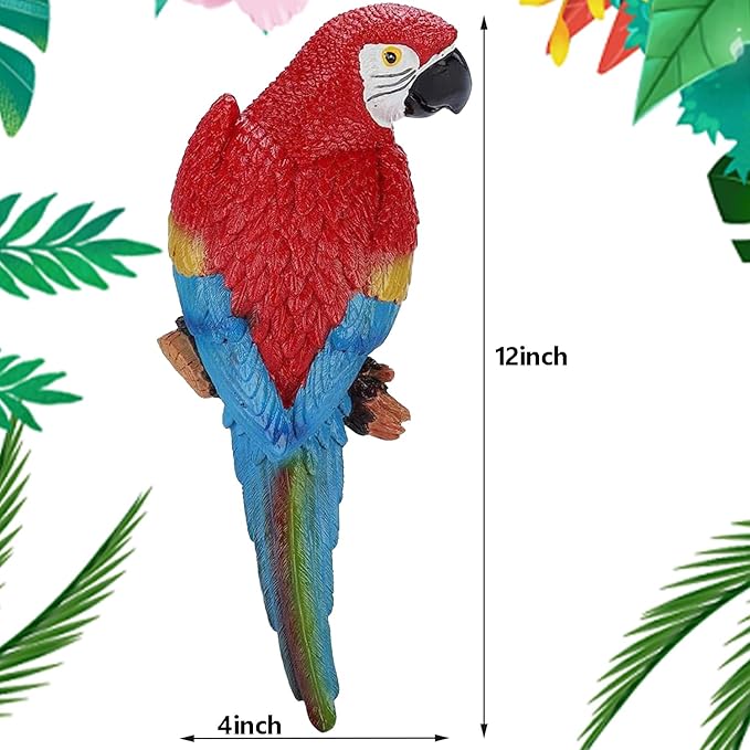 Parrot Decor Tiki Decorations for Outside Patio, Large Realistic Parrot Statues for Pool Deck Garden Yard Lawn, Lifelike Bird Sculpture Tropical Animal Figurines for Tree Wall Decor(Red)-VerdiqueGarden